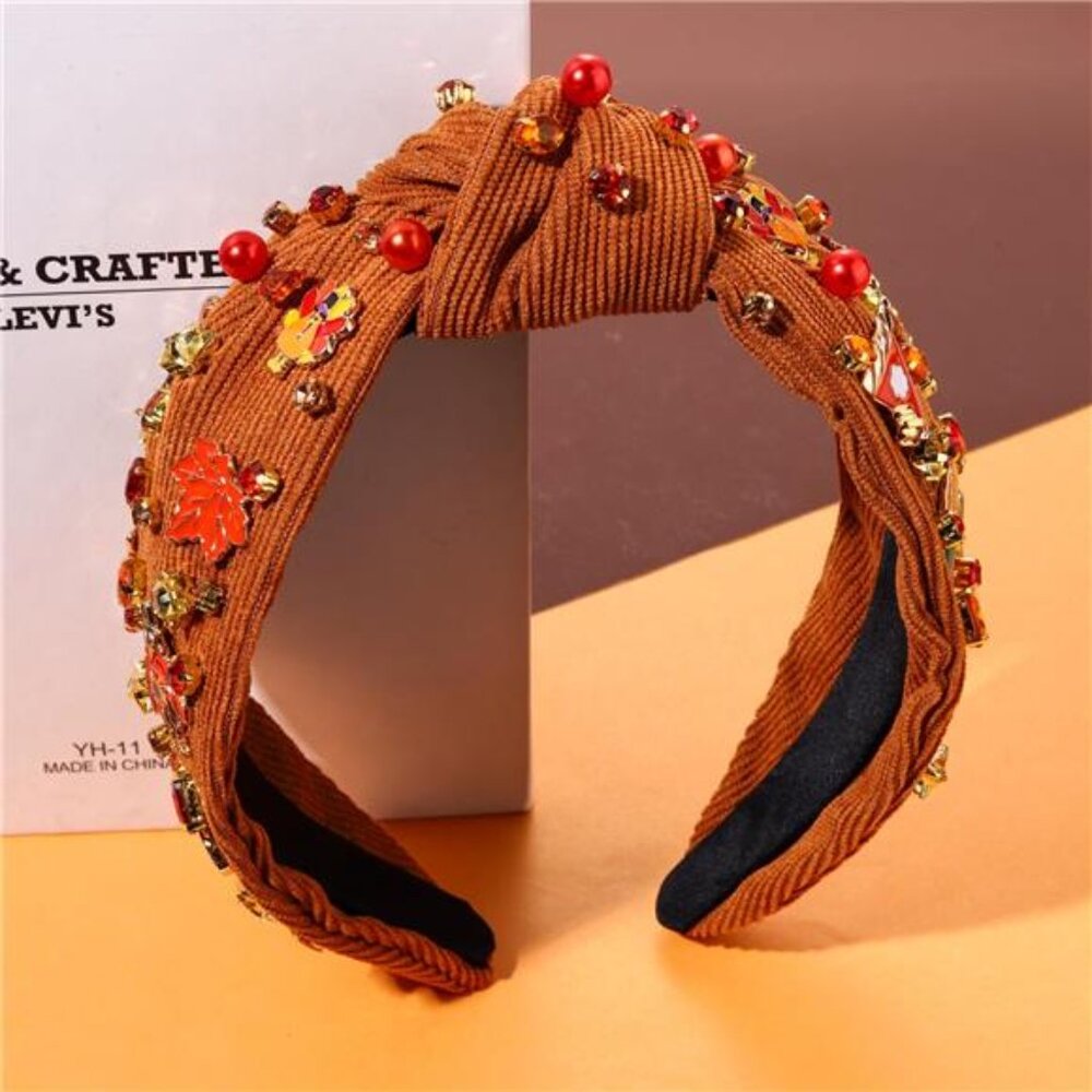 Sparkle & Shine Thanksgiving Headband - Beaded Turkey & Leaf Knotted Hair Access - Picture 4 of 7